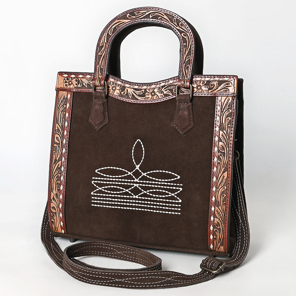 ADBG1642 Brown Genuine suede Tote Bag with Tooled Leather Trim, White Embroidery & Crossbody Strap