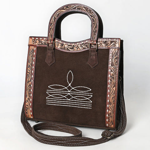 American Darling Western Leather Tote Bag with Hand-Tooled Accents and Genuine Suede Body