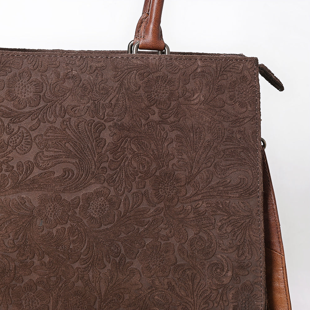 ADBG1644 Brown Floral Embossed Leather Tote Bag with Dual Handles and Crossbody Strap