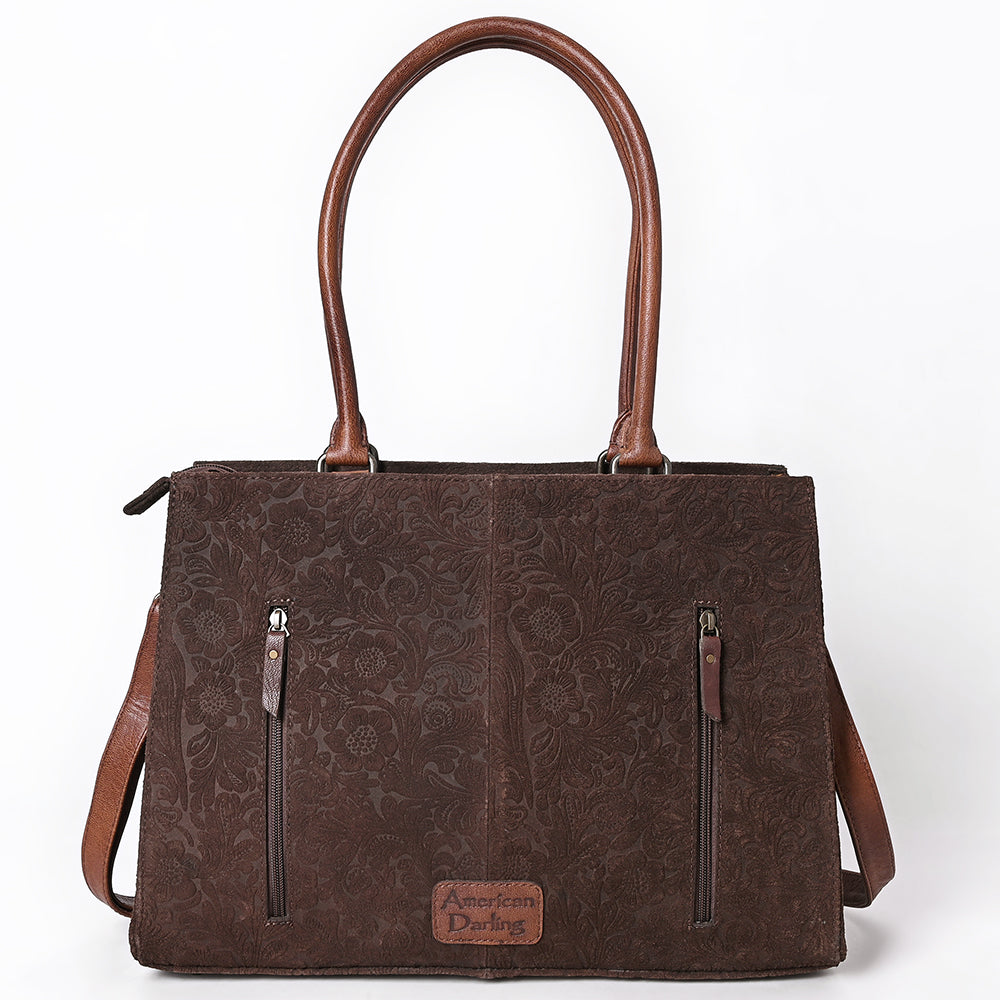 ADBG1644 Brown Floral Embossed Leather Tote Bag with Dual Handles and Crossbody Strap