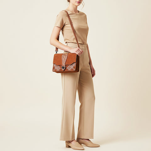 American Darling Western Leather Cross Body Bag with Genuine Suede Body and Hand-Tooled Accent Strap