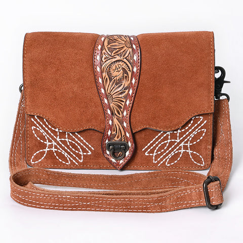 American Darling Western Leather Cross Body Bag with Genuine Suede Body and Hand-Tooled Accent Strap