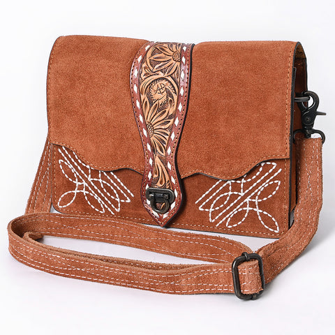 American Darling Western Leather Cross Body Bag with Genuine Suede Body and Hand-Tooled Accent Strap