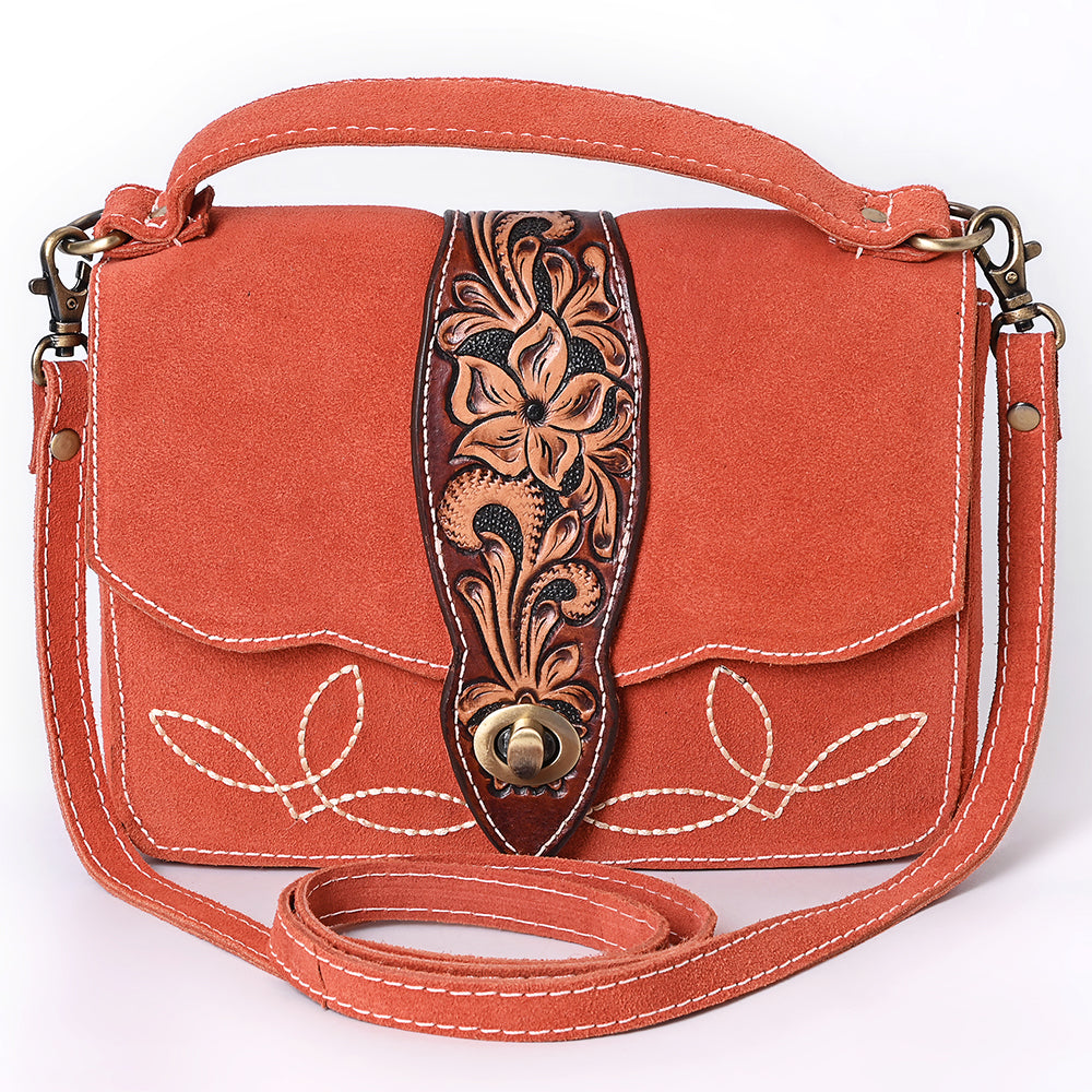 ADBGA712 Western Burnt Orange Genuine suede Shoulder Bag - Tooled Leather Floral Flap with Turn Lock