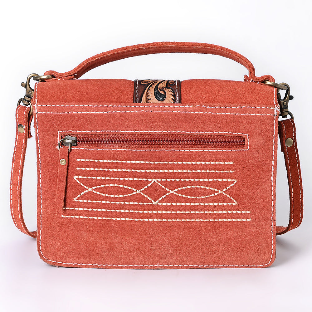 ADBGA712 Western Burnt Orange Genuine suede Shoulder Bag - Tooled Leather Floral Flap with Turn Lock