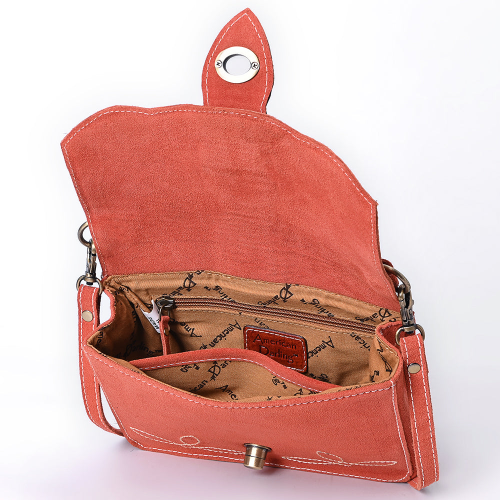 ADBGA712 Western Burnt Orange Genuine suede Shoulder Bag - Tooled Leather Floral Flap with Turn Lock