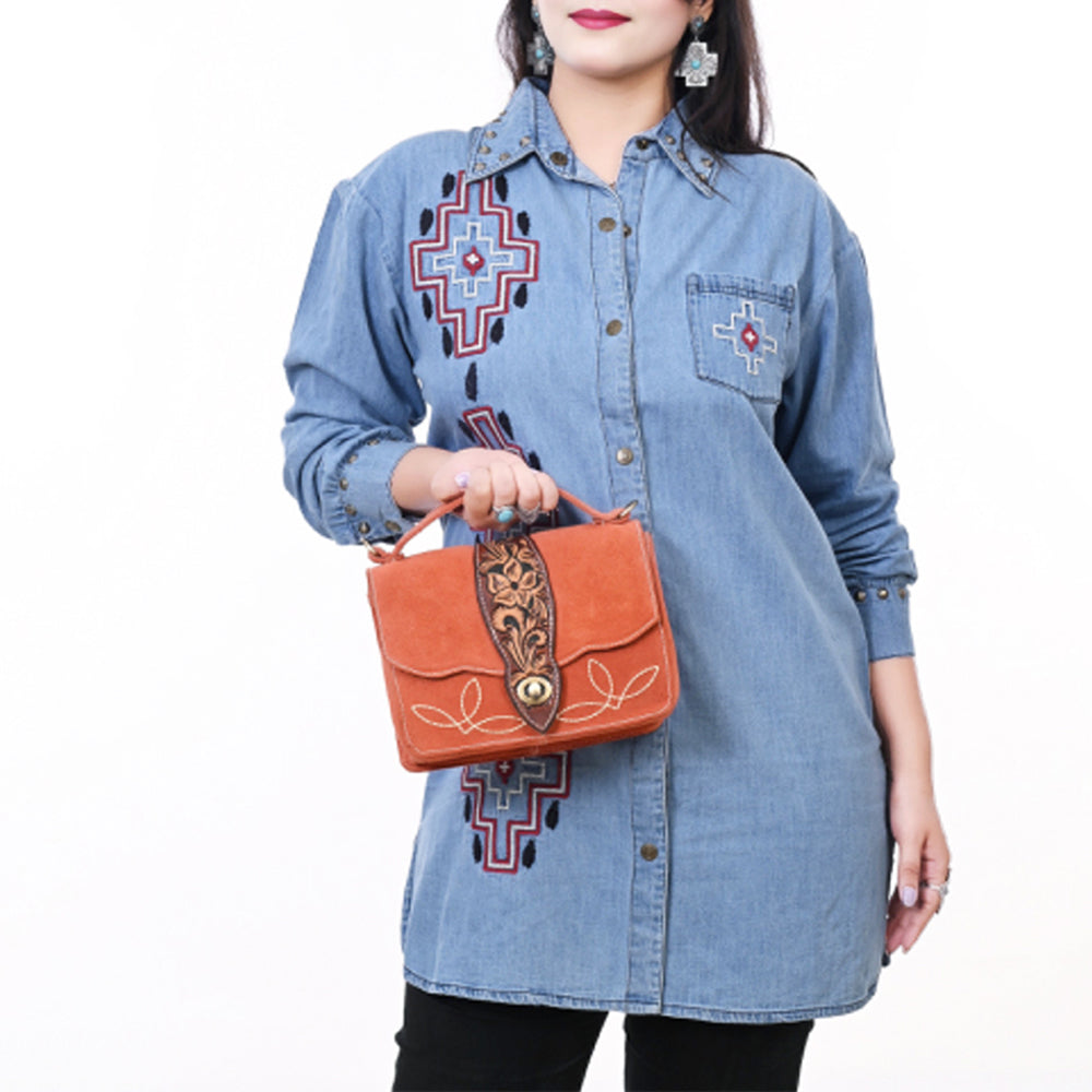 ADBGA712 Western Burnt Orange Genuine suede Shoulder Bag - Tooled Leather Floral Flap with Turn Lock