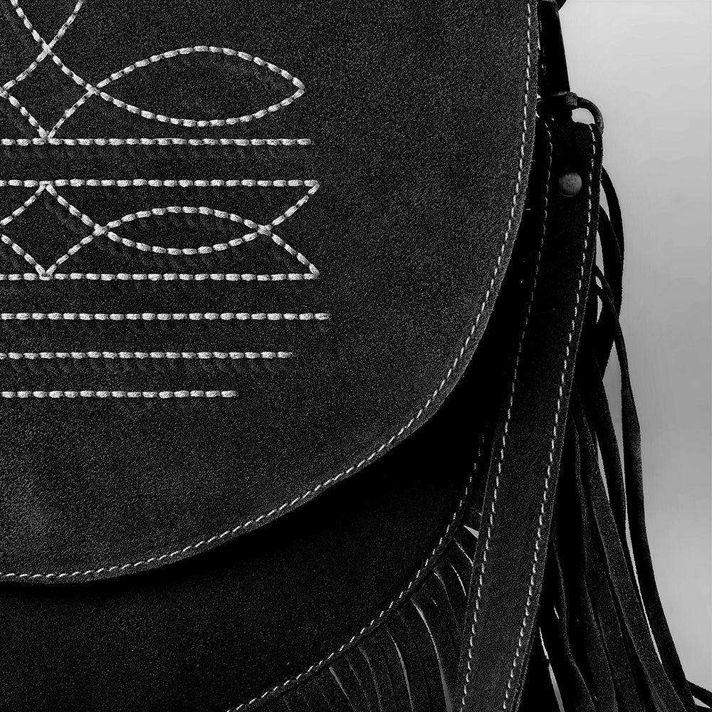 ADBGA713 Genuine suede Western Fringe Messenger Bag - White Stitch Design with Flap Closure