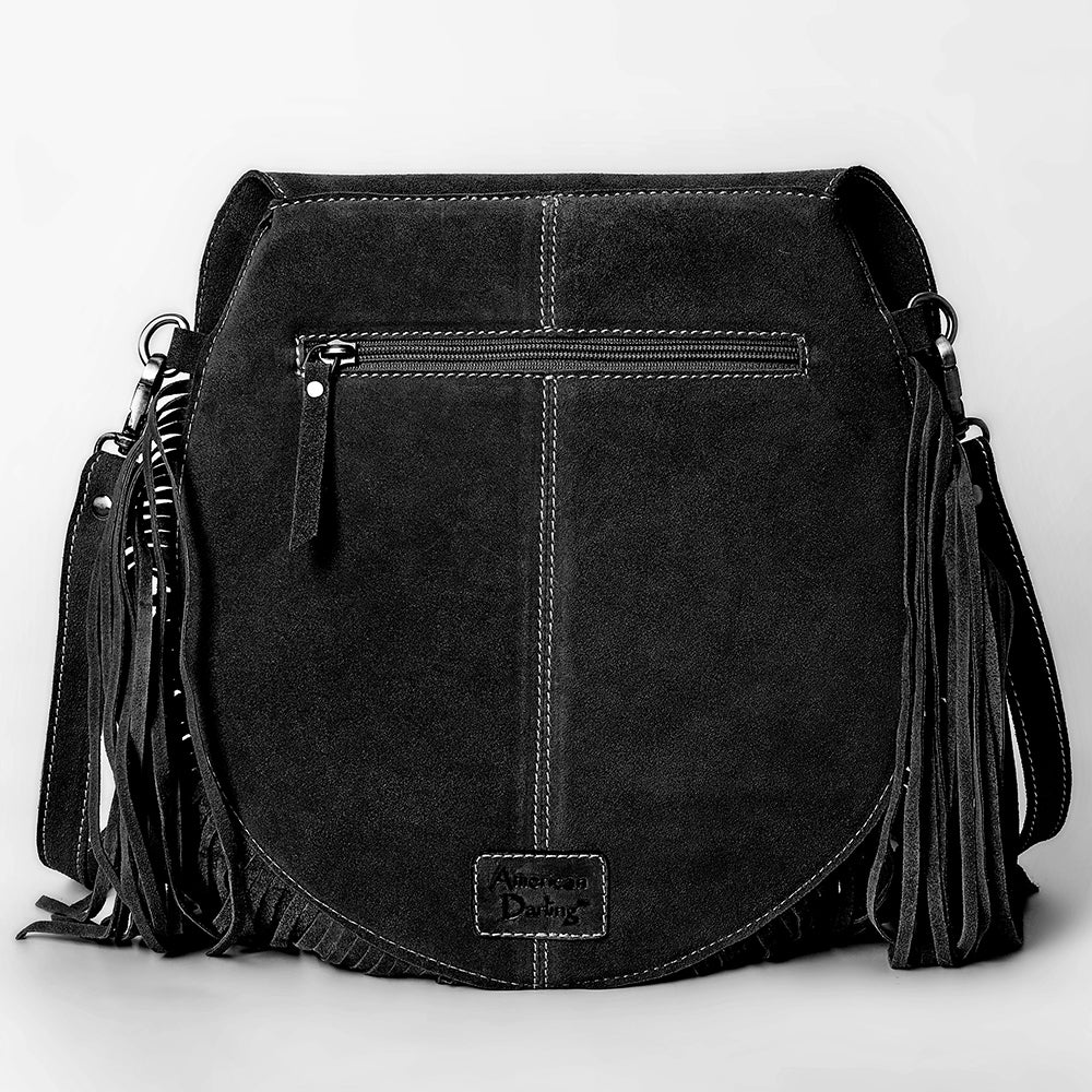 ADBGA713 Genuine suede Western Fringe Messenger Bag - White Stitch Design with Flap Closure