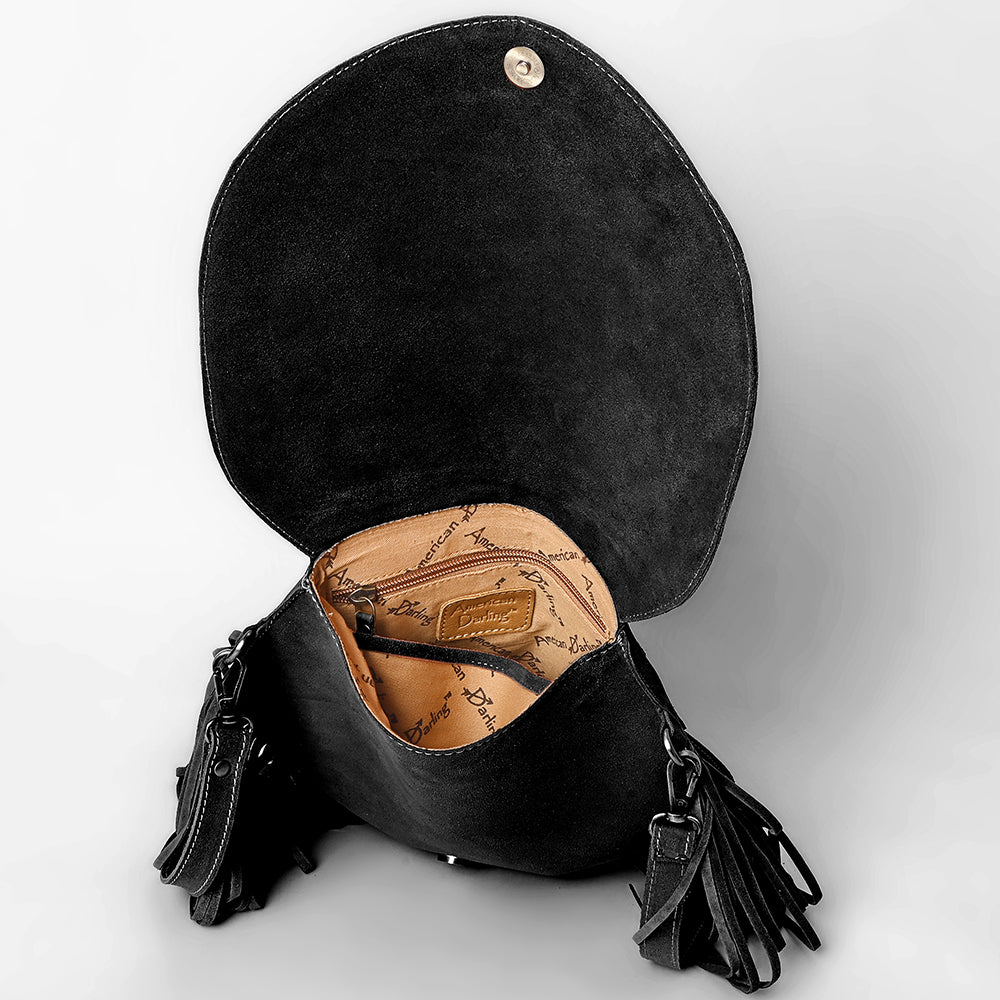 ADBGA713 Genuine suede Western Fringe Messenger Bag - White Stitch Design with Flap Closure