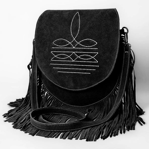ADBGA713 Suede Western Fringe Messenger Bag - White Stitch Design with Flap Closure