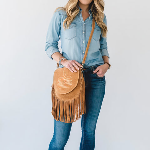 American Darling Western Boot Stitched Genuine Suede Leather Fringe Messenger Bag