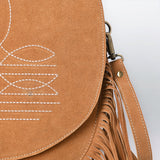 ADBGA713 Suede Western Fringe Messenger Bag - White Stitch Design with Flap Closure