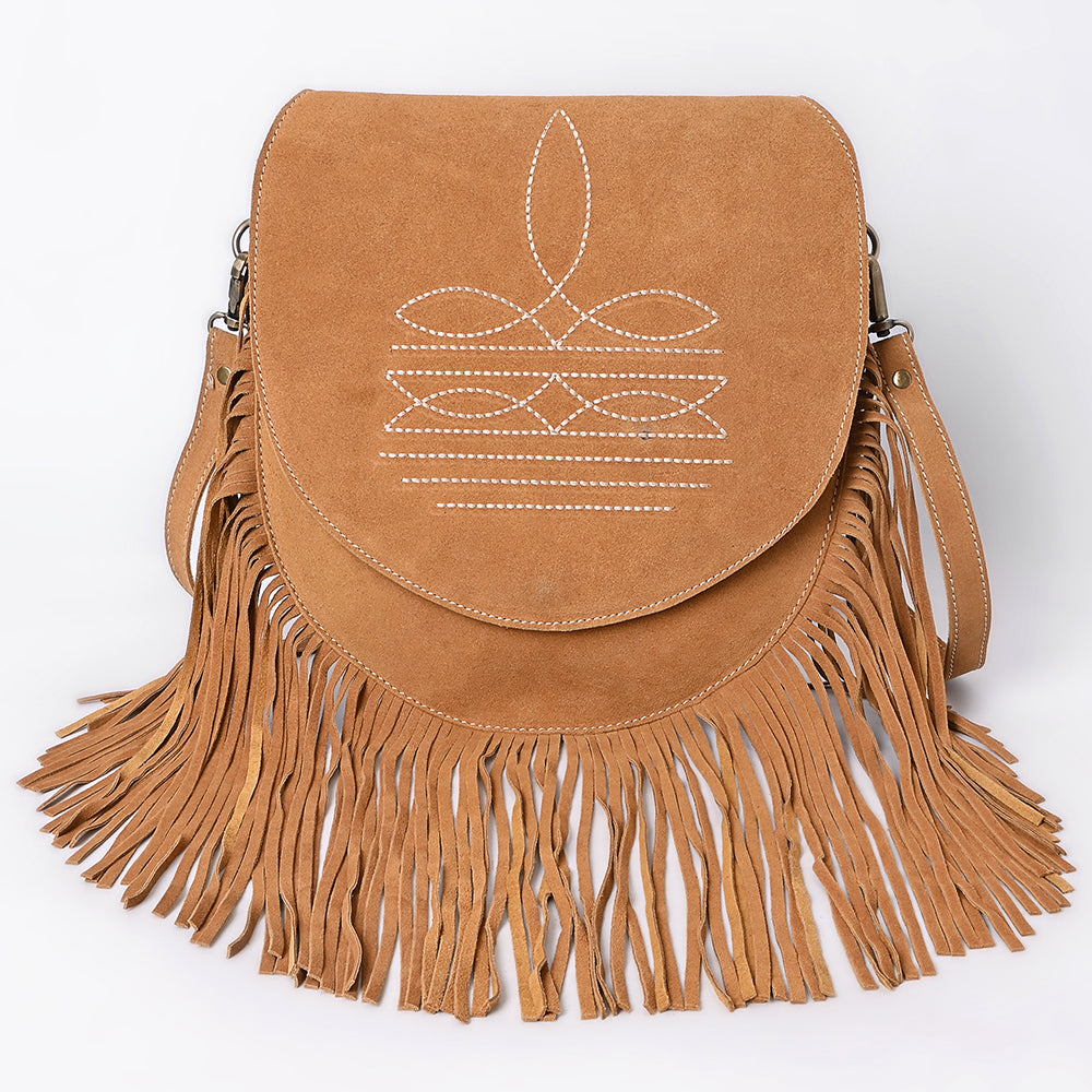 ADBGA713 Genuine suede Western Fringe Messenger Bag - White Stitch Design with Flap Closure