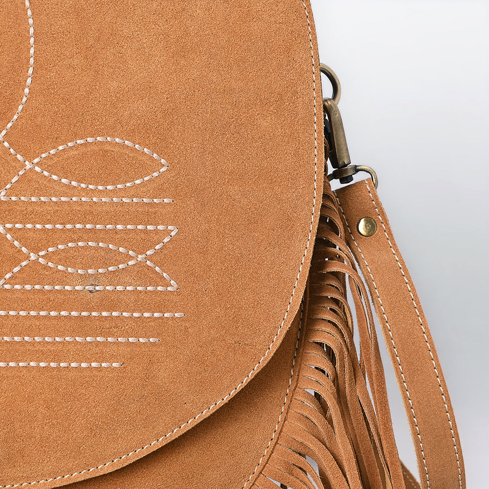 ADBGA713 Genuine suede Western Fringe Messenger Bag - White Stitch Design with Flap Closure