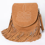 ADBGA713 Suede Western Fringe Messenger Bag - White Stitch Design with Flap Closure
