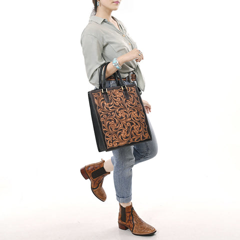 American Darling Hand Tooled Genuine Leather Tote Bag Floral Carved
