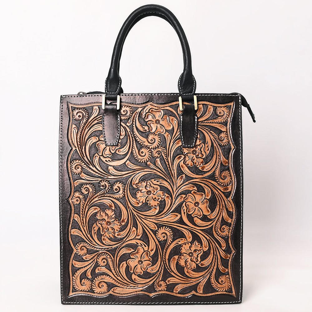 ADBGA642 Hand-Tooled Leather Tall Tote Bag with Floral Carving & Rolled Handles