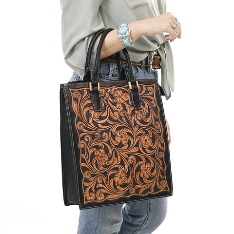 American Darling Hand Tooled Genuine Leather Tote Bag Floral Carved