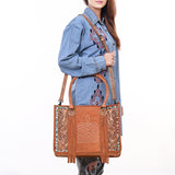 ADBG1649 Tan Suede Western Tote Bag with Tooled Leather, Turquoise Inlay & Fringe Accents