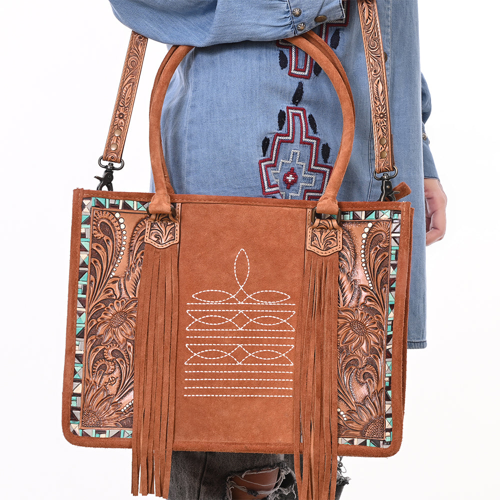 ADBG1649 Tan Genuine suede Western Tote Bag with Tooled Leather, Turquoise Inlay & Fringe Accents