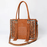 ADBG1649 Tan Suede Western Tote Bag with Tooled Leather, Turquoise Inlay & Fringe Accents