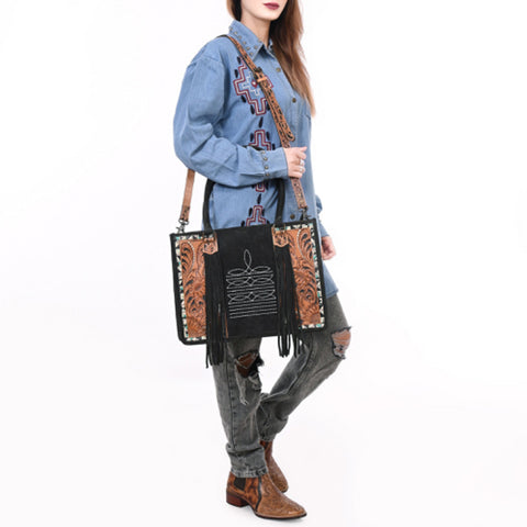 American Darling Black Western Genuine Suede Leather Tote Bag with Tooled Accents & Fringe ï¿½ Handcrafted Design