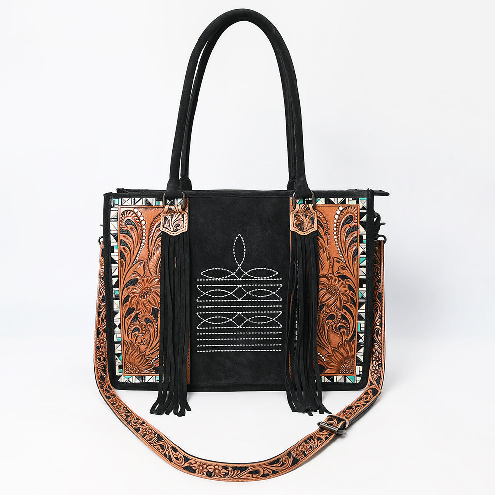 ADBG1649B Black Genuine suede Western Tote Bag - Handcrafted Genuine Leather with White Stitching by American Darling
