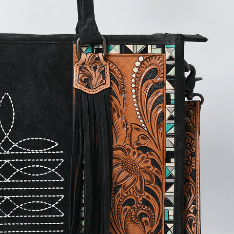 American Darling Black Western Genuine Suede Leather Tote Bag with Tooled Accents & Fringe ï¿½ Handcrafted Design