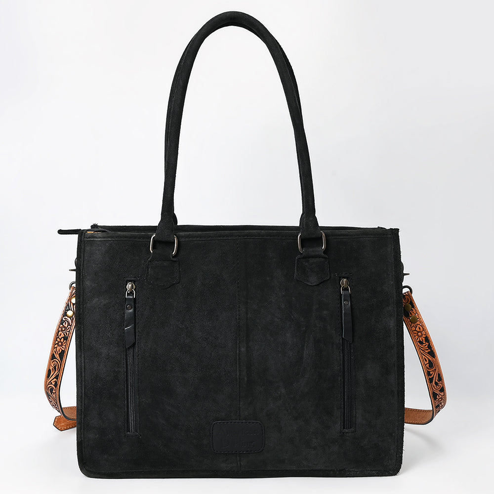 ADBG1649B Black Genuine suede Western Tote Bag - Handcrafted Genuine Leather with White Stitching by American Darling
