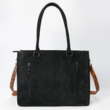ADBG1649B Black Suede Western Tote Bag - Handcrafted Genuine Leather with White Stitching by American Darling