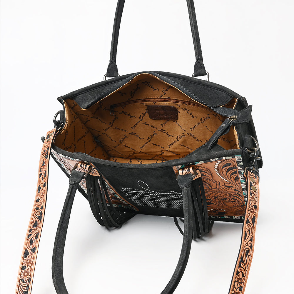 ADBG1649B Black Genuine suede Western Tote Bag - Handcrafted Genuine Leather with White Stitching by American Darling