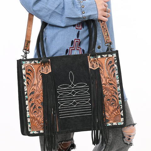 American Darling Black Western Genuine Suede Leather Tote Bag with Tooled Accents & Fringe ï¿½ Handcrafted Design