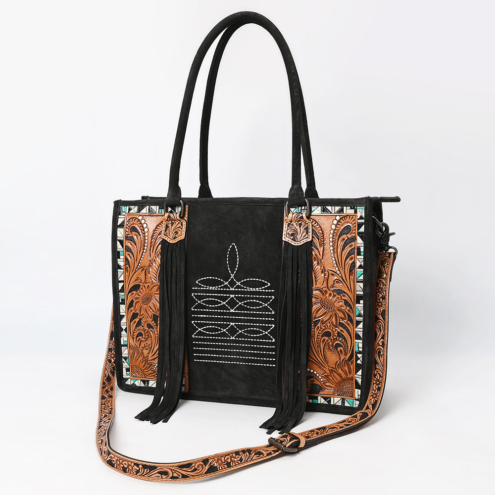ADBG1649B Black Genuine suede Western Tote Bag - Handcrafted Genuine Leather with White Stitching by American Darling