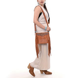 ADBG1651 Tan Suede Fringe Crossbody Bag with Tooled Leather Yoke & White Embroidery