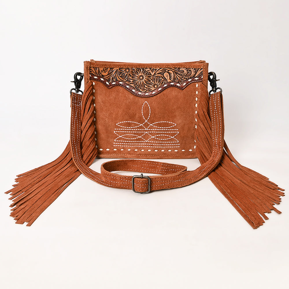 ADBG1651 Tan Genuine suede Fringe Crossbody Bag with Tooled Leather Yoke & White Embroidery