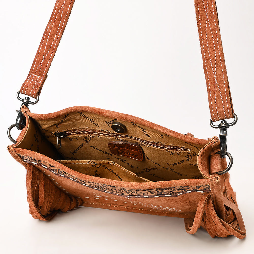 ADBG1651 Tan Genuine suede Fringe Crossbody Bag with Tooled Leather Yoke & White Embroidery