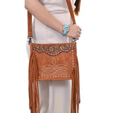 ADBG1651 Tan Suede Fringe Crossbody Bag with Tooled Leather Yoke & White Embroidery