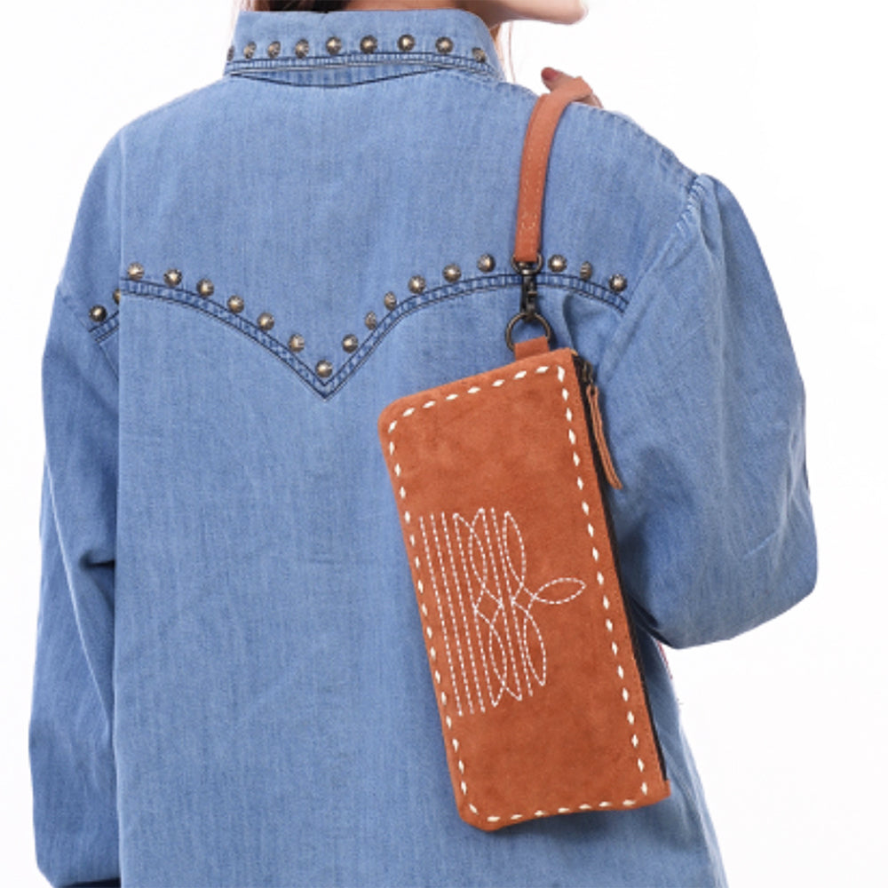 ADBG1652 Tan Genuine suede Wristlet Pouch with White Embroidery & Zip Closure