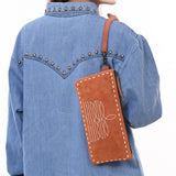 ADBG1652 Tan Suede Wristlet Pouch with White Embroidery & Zip Closure