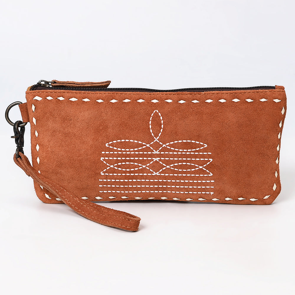 ADBG1652 Tan Genuine suede Wristlet Pouch with White Embroidery & Zip Closure