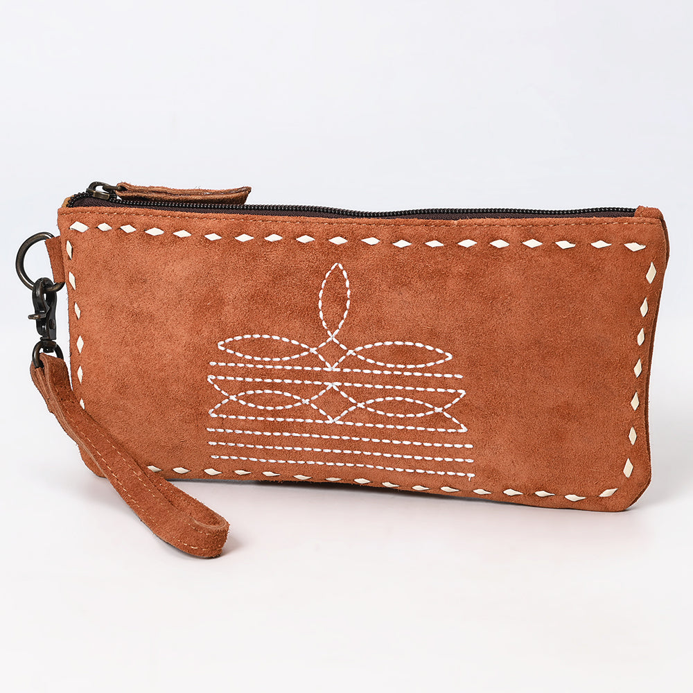 ADBG1652 Tan Genuine suede Wristlet Pouch with White Embroidery & Zip Closure