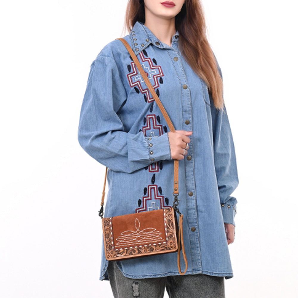 ADBG1653 Tan Genuine suede & Tooled Leather Organiser Bag with White Embroidery and Floral Border