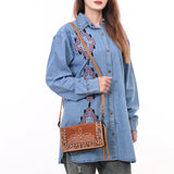 ADBG1653 Tan Suede & Tooled Leather Organiser Bag with White Embroidery and Floral Border