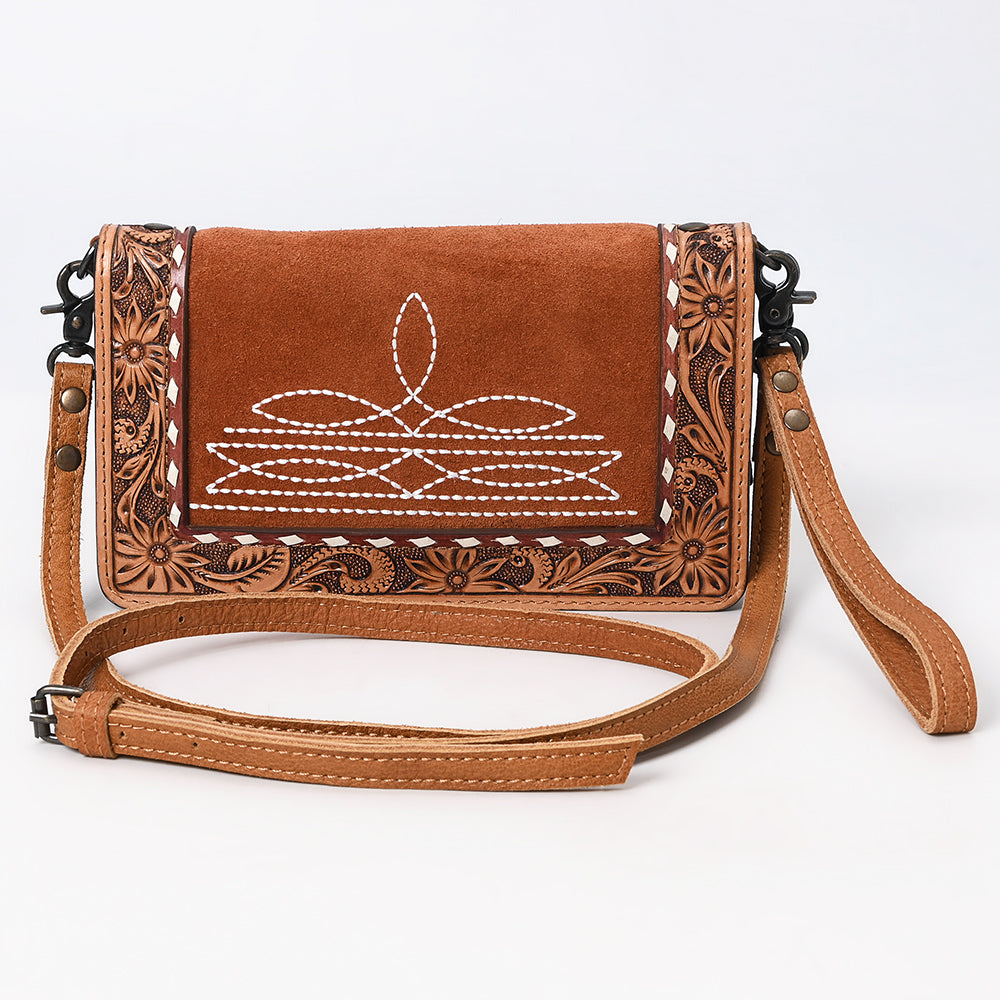 ADBG1653 Tan Genuine suede & Tooled Leather Organiser Bag with White Embroidery and Floral Border