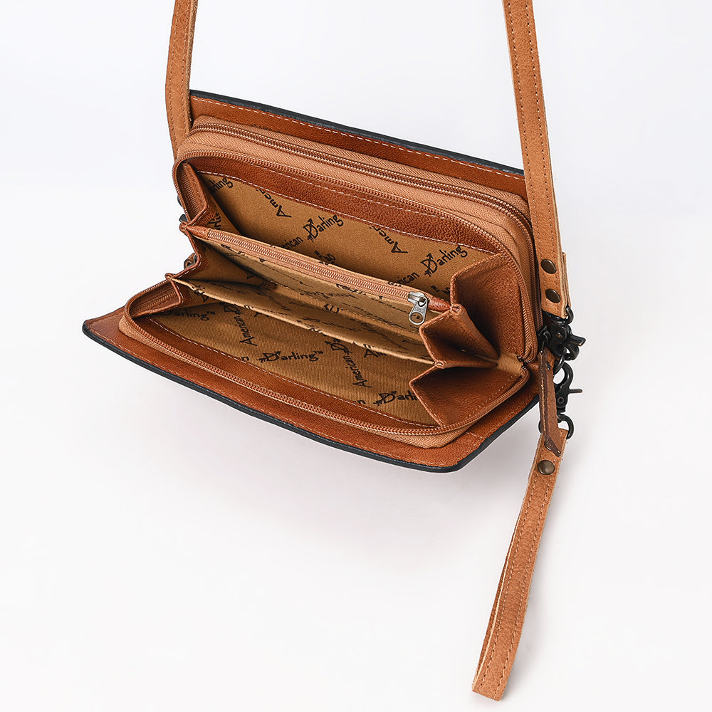 ADBG1653 Tan Genuine suede & Tooled Leather Organiser Bag with White Embroidery and Floral Border