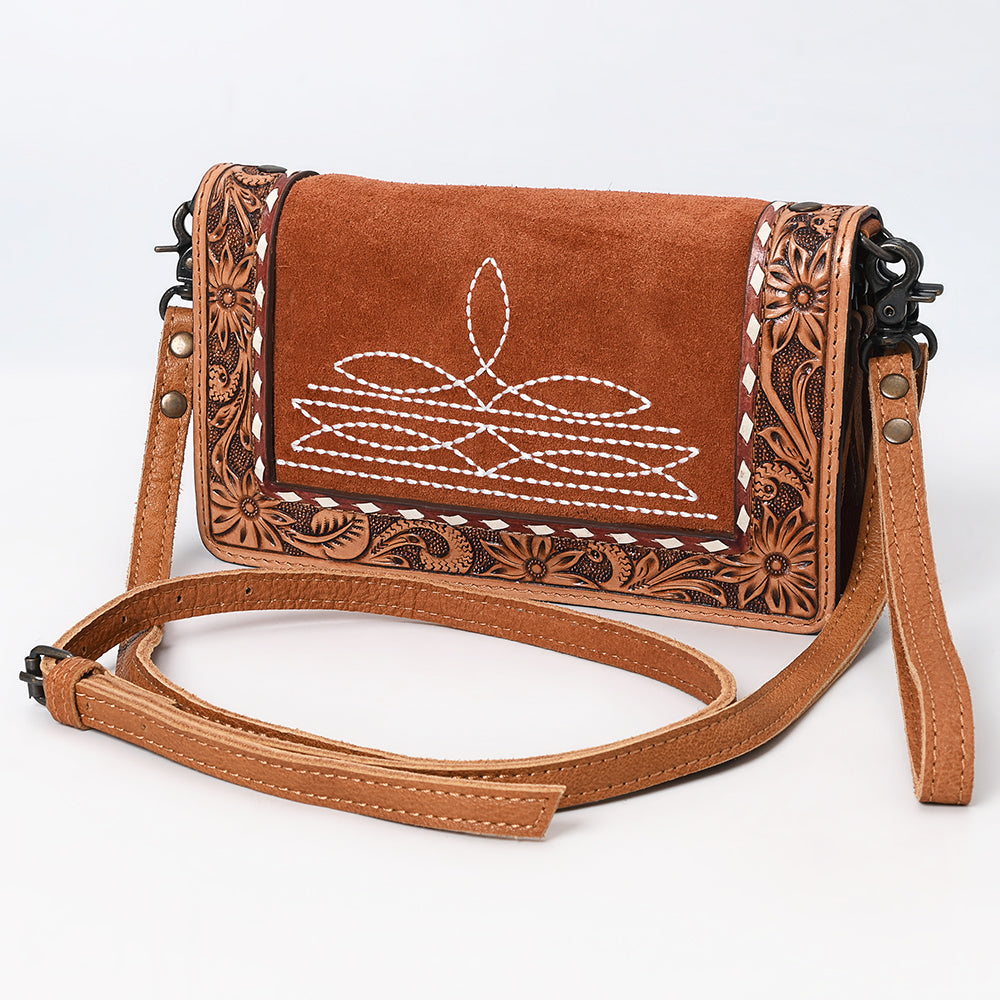 ADBG1653 Tan Genuine suede & Tooled Leather Organiser Bag with White Embroidery and Floral Border