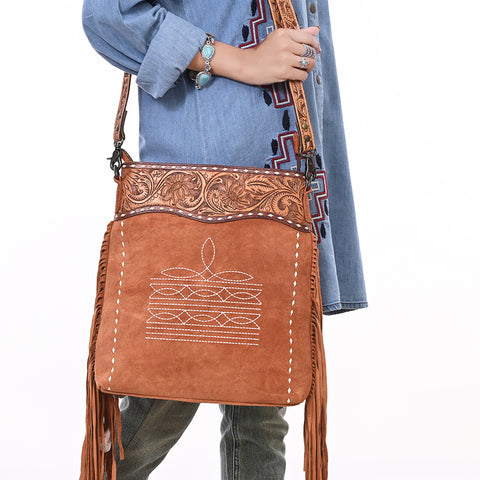 American Darling Western Leather Large Crossbody Bag with Fringe & Tooled Accents ï¿½ Handcrafted Design