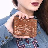 ADBG1655 Tan Suede Card Holder with White Embroidery & Zip Closure
