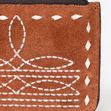ADBG1655 Tan Suede Card Holder with White Embroidery & Zip Closure